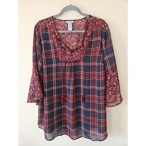 Catherines Blouse Woman 0X 14/16 Blue Burgandy Plaid Sheer Tassels Crochet Trim
